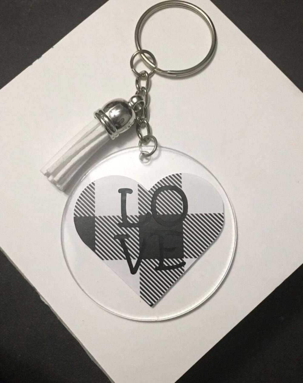 Checkered Buffalo Plaid Love Heart Acrylic Keychain with White Tassel